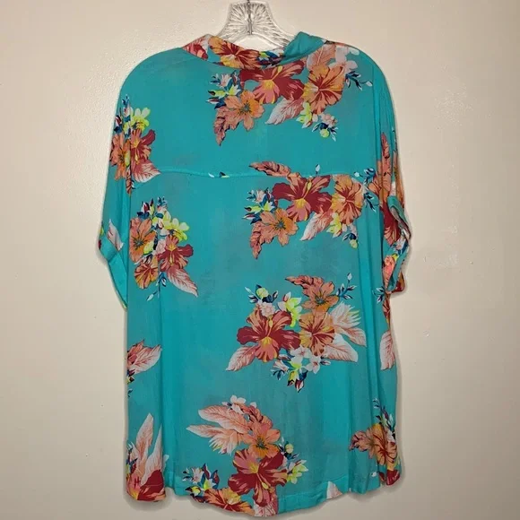ANA Oversized Button Up Shirt Aqua & Peach Floral Hawaiian Dolman Sleeve Medium - Picture 2 of 14